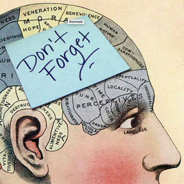 Image of a person's head with sticky note over it reading "Don't Forget"