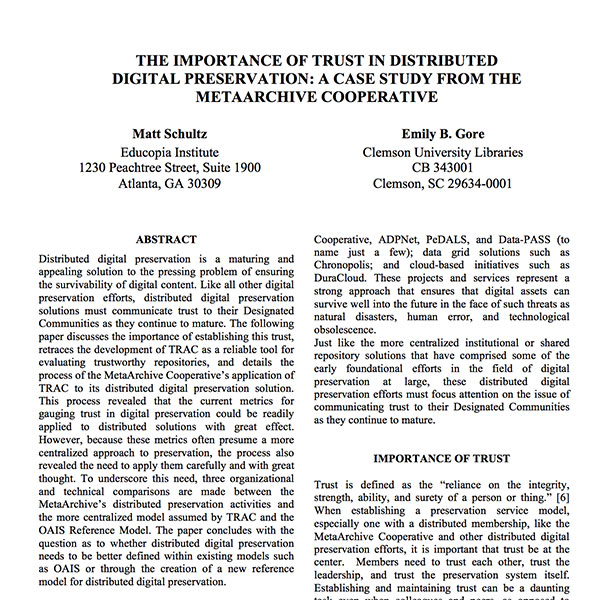 The Importance of Trust in Distributed Digital Preservation: A Case Study from the MetaArchive Cooperative