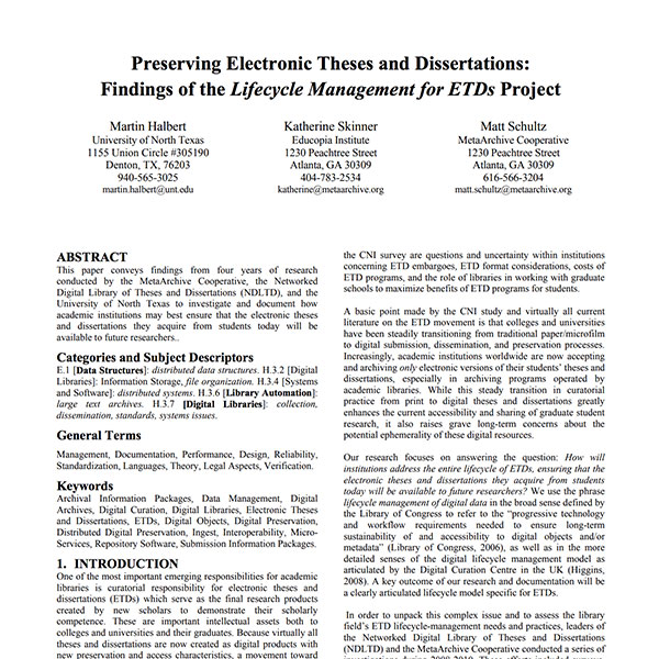 Preserving Electronic Theses and Dissertations: Findings of the Lifecycle Management for ETDs Project