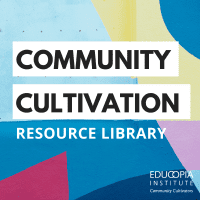 Multi-colored wall with text that readsCommunity Cultivation Field Guide and Resource Library.