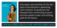 Photo of Juliana Castro, Founder of Cita Press, with quote: Educopia’s sponsorship of Cita has been instrumental in advancing Cita’s mission. Its guidance has allowed Cita’s community to grow and has paved a clear and exciting path for its future. I feel incredibly lucky to work with this stellar team.