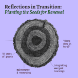 A cross-section of a tree trunk, with tree rings clearly displayed. The title above the image states Reflections in Transition, Planting the Seed for Renewal. Individual tree rings are labelled with the following text: 18 years of growth, maintenance and resourcing, integrating emergent learnings, and in quotes, where does it hurt.