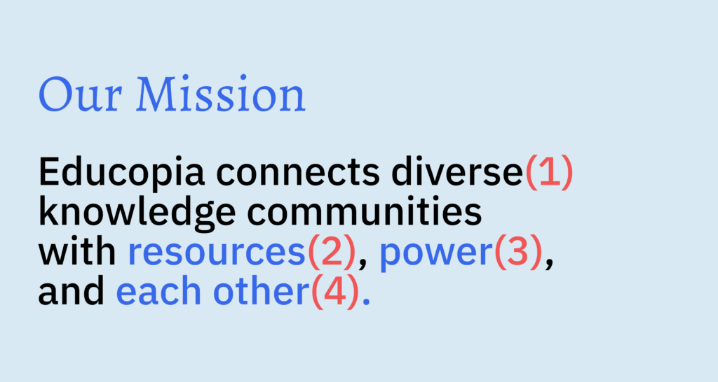 Educopia connects diverse(1) knowledge communities with resources(2), power(3), and each other(4).